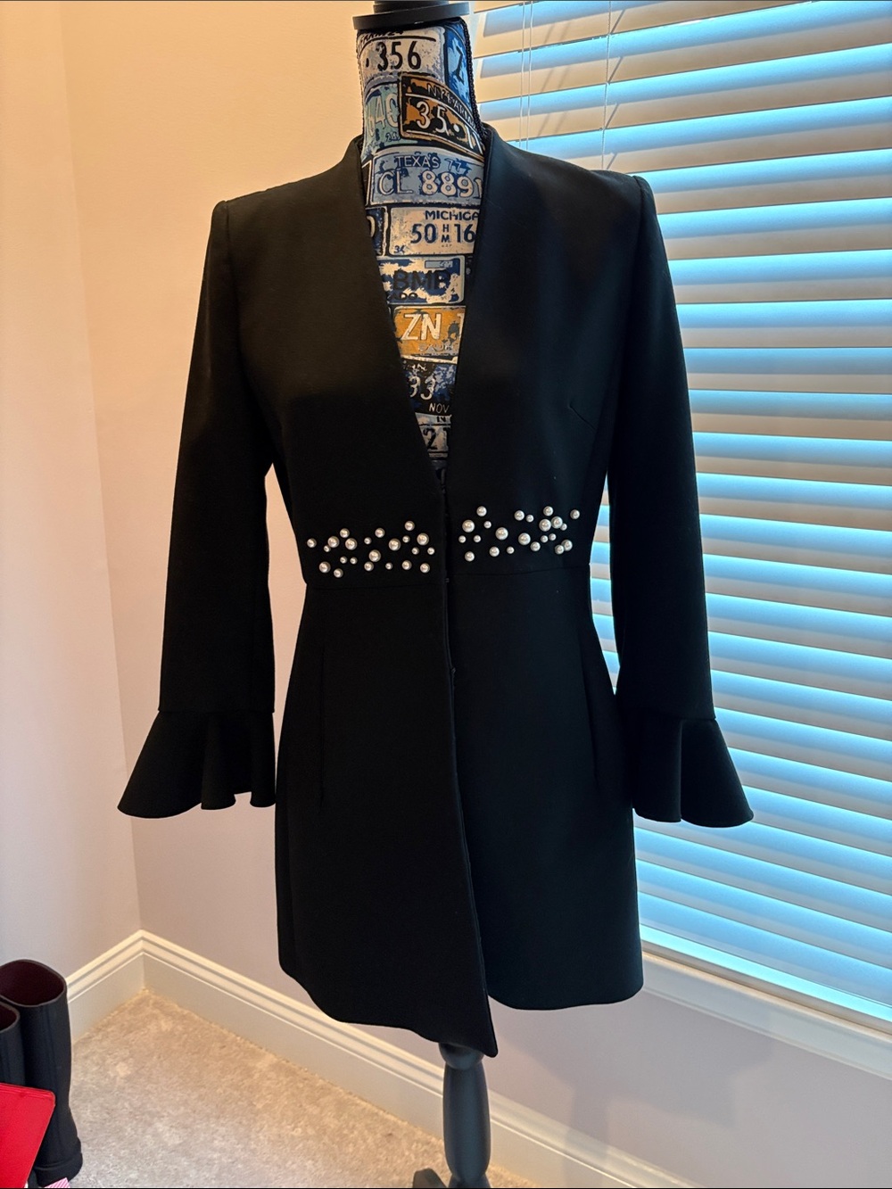 Zara Black Blazer with Pearl Waist Embellishment